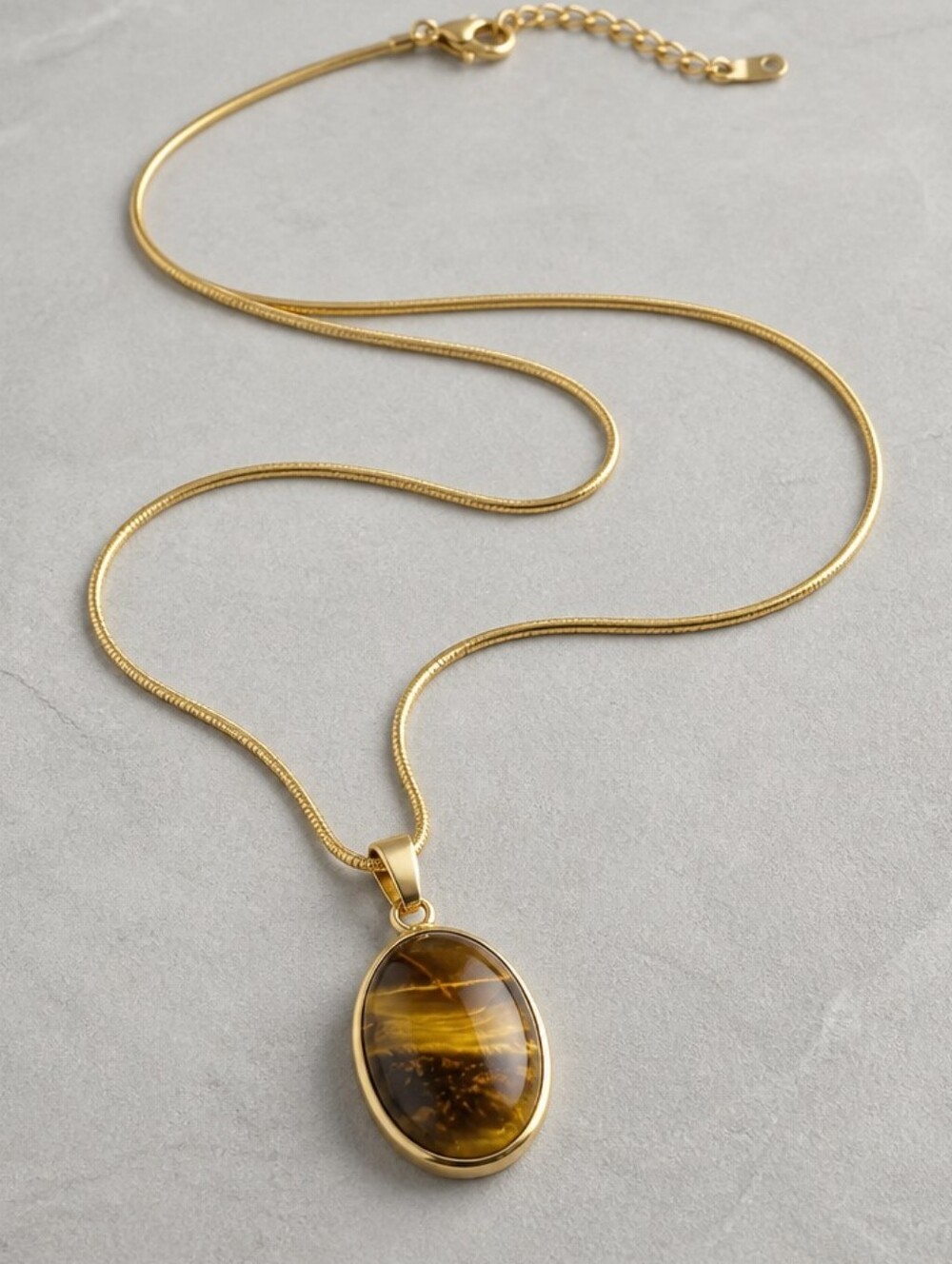 18K Gold Plated Tiger's Eye Oval Pendant Necklace Snake Chain Non Tarnish